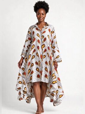 Step in Style Asymmetrical Hi Lo Peacock Feather Abstract Shirt Dress Sz MP Med